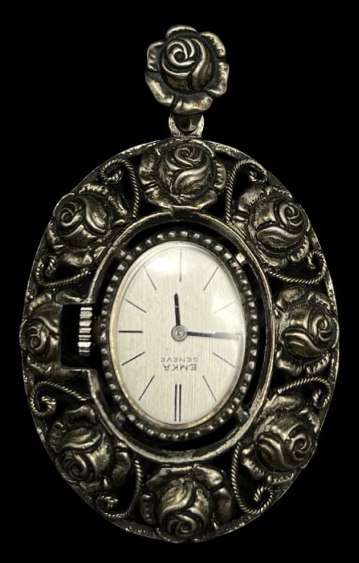 Ornate Vintage Swiss EMKA Geneve 835 Silver & Watch Pendant: Very good vintage condition with minor patina according to age. Measures approx. 2" long and 1 1/4" wide and weighs ca. 16.6 grams. Marked for 835 Silver. Winds up and works.