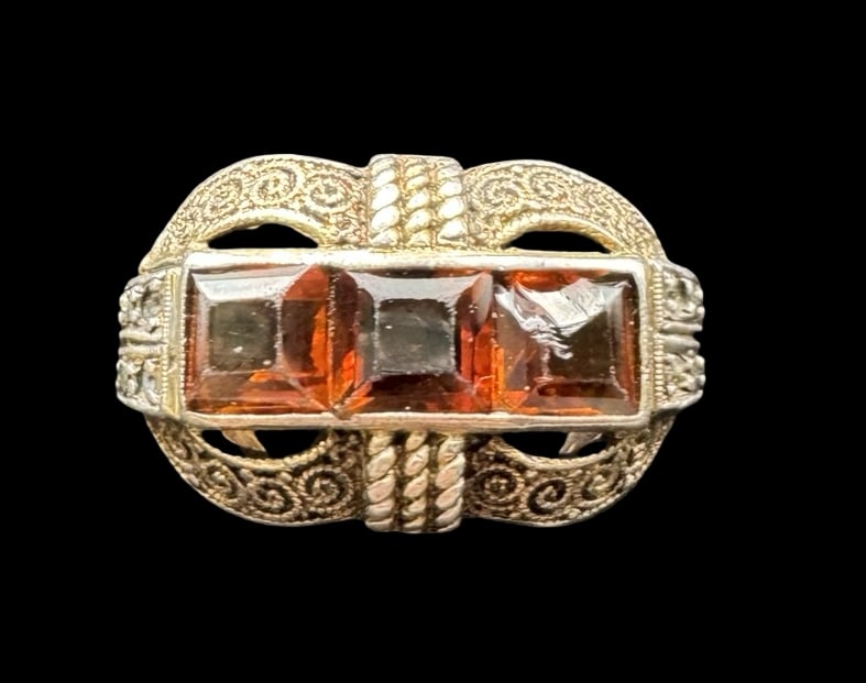 Rare & Ornate Mid-Century THEODOR FAHRNER Germany Gilt Sterling Silver & Orange Gemstone Ring: Good vintage condition with minor patina according to age; damage to one gemstone and missing a few marcasites. Measures approx. 5/8" long and 3/8" wide & weighs ca. 2.8 grams. The ring is a size 8 1/