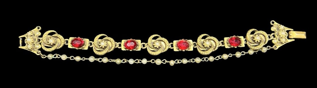 Stunning Ornate Vintage Gold Filled Metal & Gemstone Bracelet: Very good vintage condition with minor patina according to age. Measures approx. 7" long and 3/4" wide and weighs ca. 31.4 grams. Missing one Strand of Pearls.
