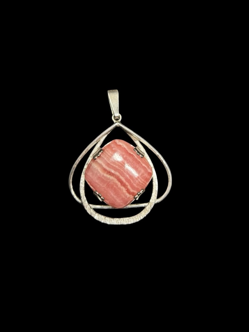 Gorgeous Vintage Mid-Century Modern European 835 Silver & Rhodochrosite Pendant: Very good vintage condition with minor patina according to age. Measures approx. 1 1/2" long and 1 1/4" wide and weighs ca. 8.1 grams. Marked for 835 Silver.
