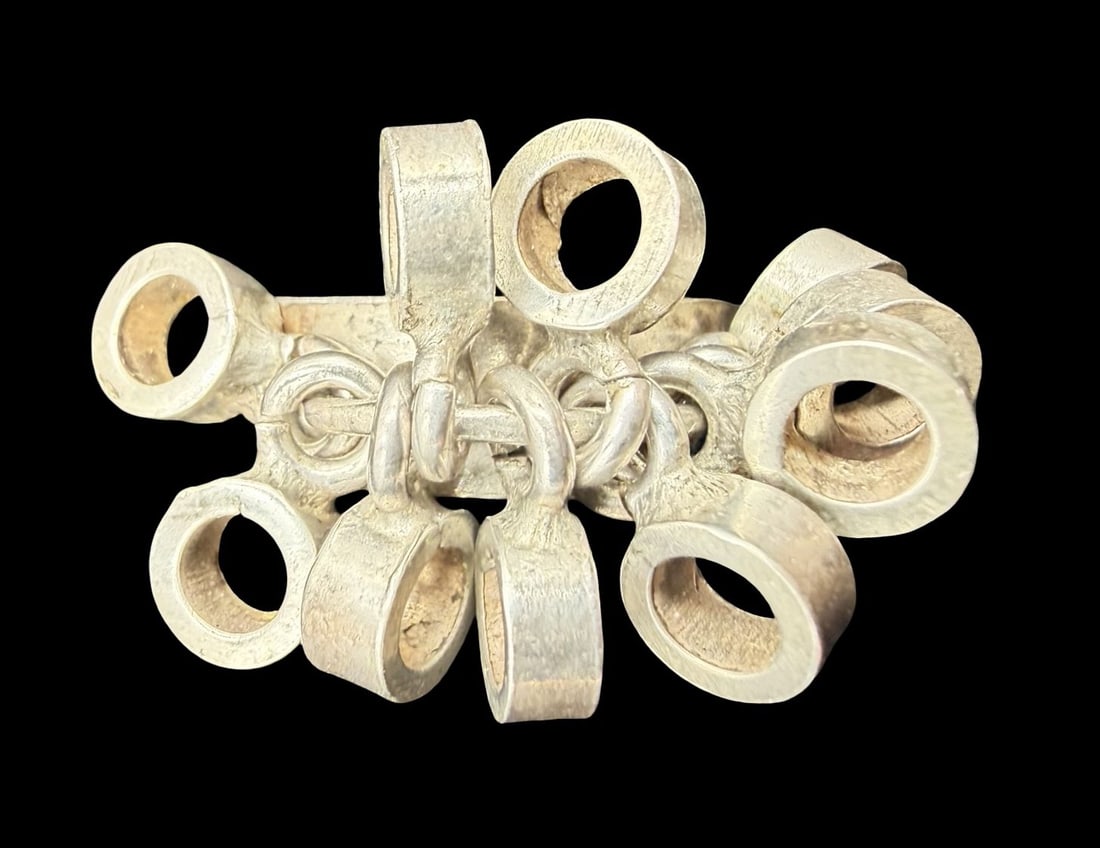 Very Unusual Vintage Mid-Century Modern Sterling Silver Charm Ring: Very good vintage condition with minor patina according to age. Measures approx. 1" long and 1/2" wide and weighs ca. 13.2 grams. The ring is a size 7 3/4". Marked for 925 Sterling Silver.