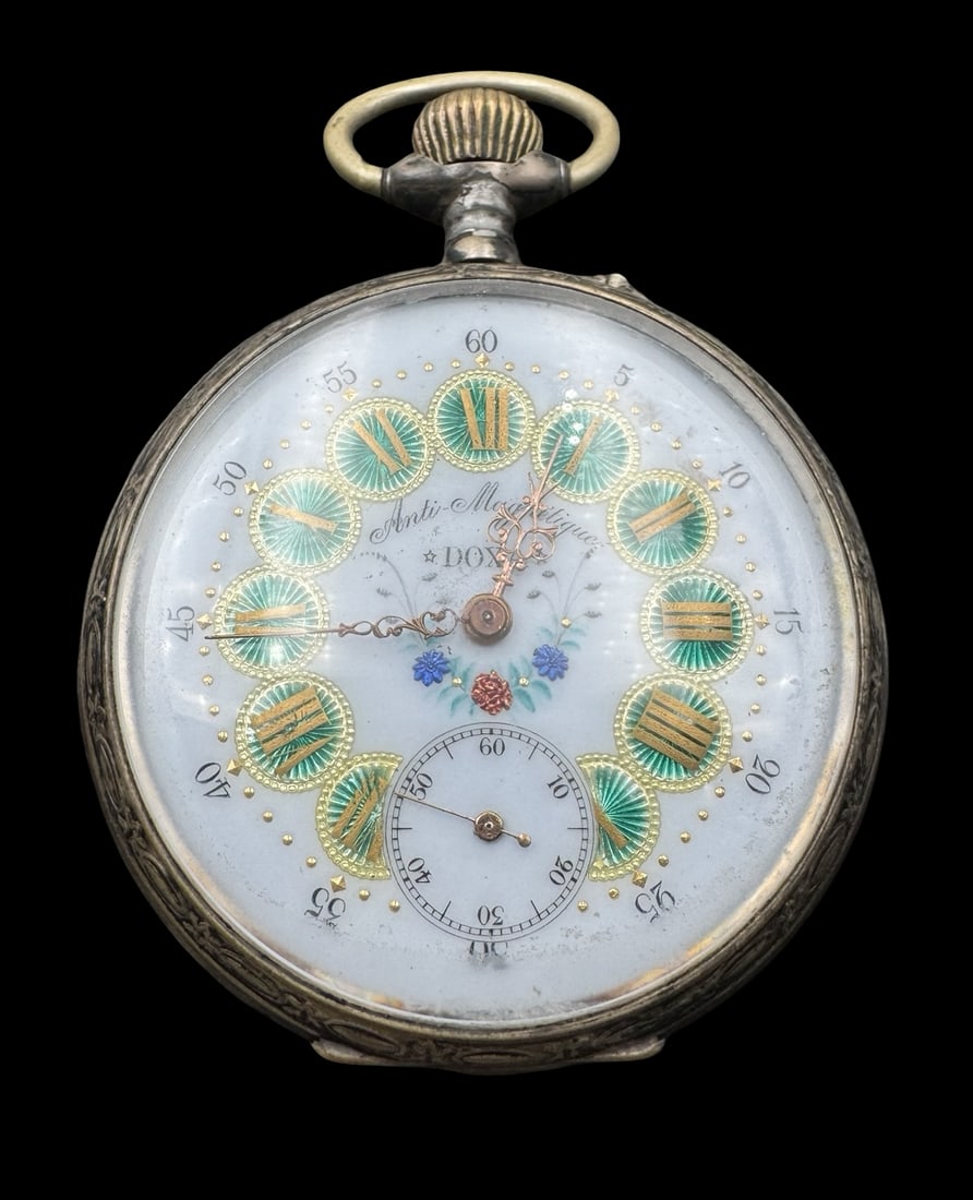 Ornate Antique European DOXA 800 Silver & Enamel Dial Railroad Pocket Watch /w Locomotive Engraving: Very good antique condition with minor patina according to age. Measures approx. 2 3/8" in diameter & weighs ca. 142.3 grams. Marked for 800 Silver. Works.