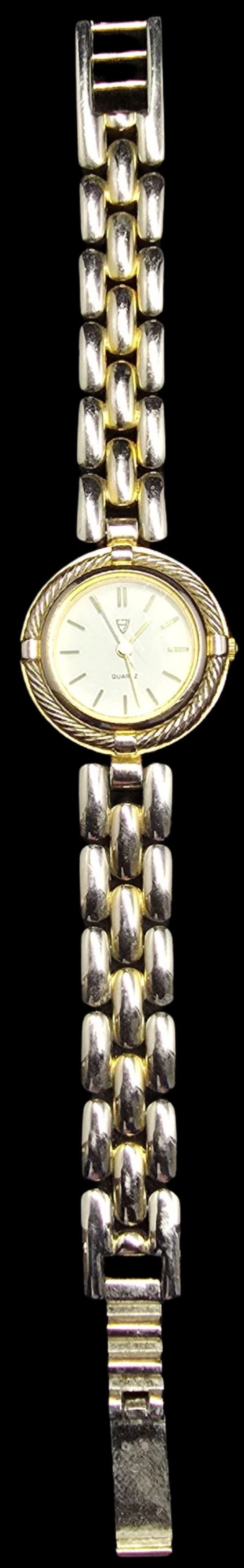 Elegant Vintage ALEXANDER JULIAN Silver & Gold-Tone White Dial Ladies Watch: Very good vintage condition with minor patina according to age; works (but needs a new battery). Measures approx. 7" long and weighs ca. 40 grams.
