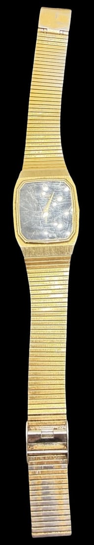 Vintage Mid-Century PULSAR Stainless Steel Gold Tone /w Clear Rhinestone Quartz Watch: Very good vintage condition with minor patina according to age. Dial measures approx. 1 1/4" long and 1" wide. Marked for PULSAR. The watch is currently not working.