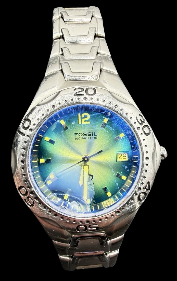 Vintage FOSSIL Stainless Steel Silver Tone & Blue Dial Watch (1 of 3)