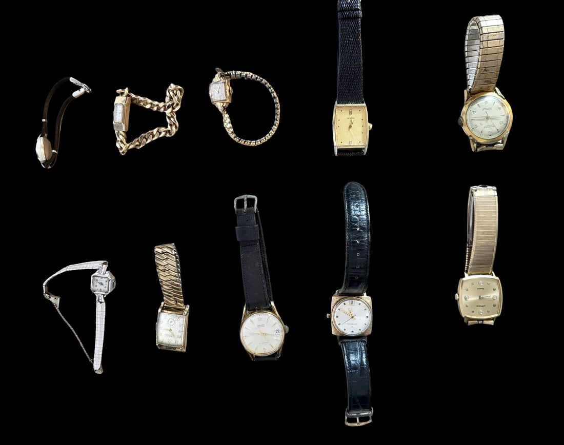 Lot of 10 Vintage Watches: Very good vintage condition with minor patina according to age. Weight is approx. 10 oz. The timepieces are currently not working.