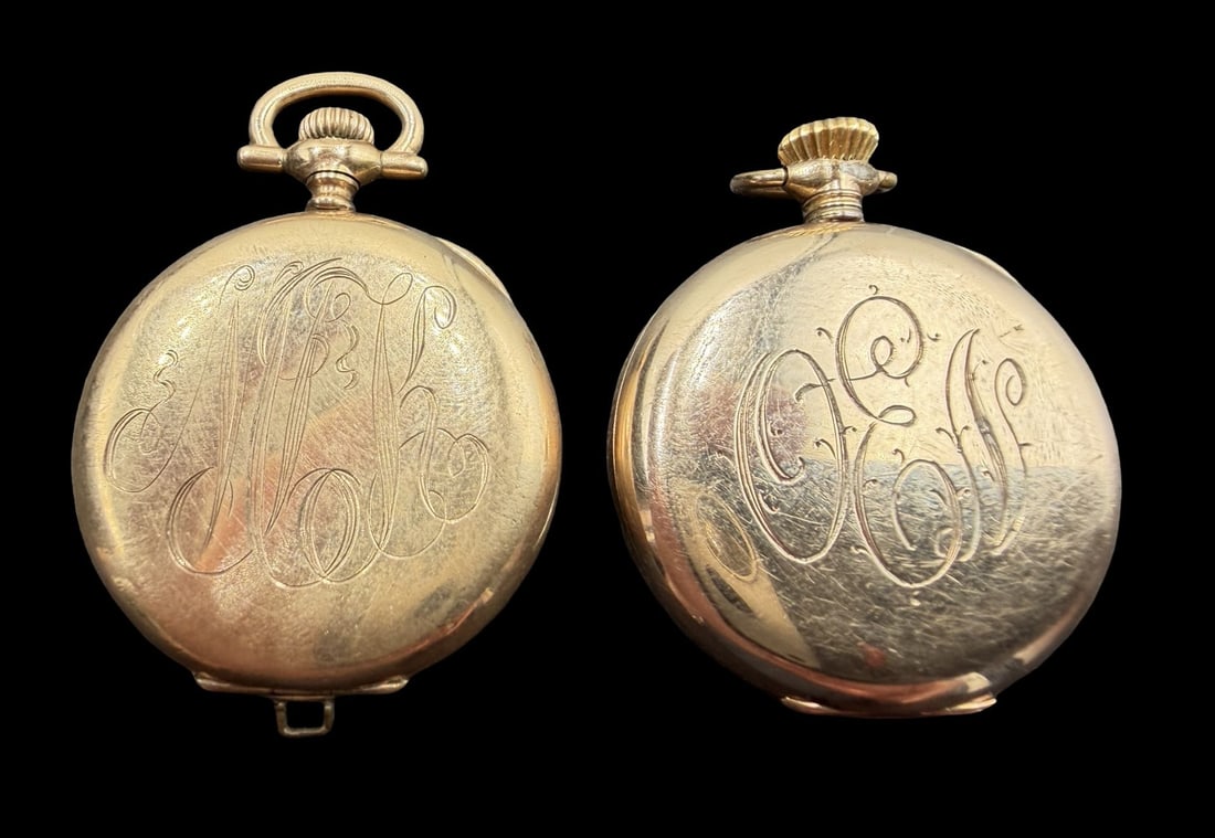 Lot of 2 Vintage Mid-Century WALTHAM & ELGIN Gold Filled Pocket Watches: Very good vintage condition with minor patina according to age. Dial measures approx. 1" long and 1" wide and each weighs ca. 47 grams. Marked for WALTHAM & ELGIN. The timepieces are functional.