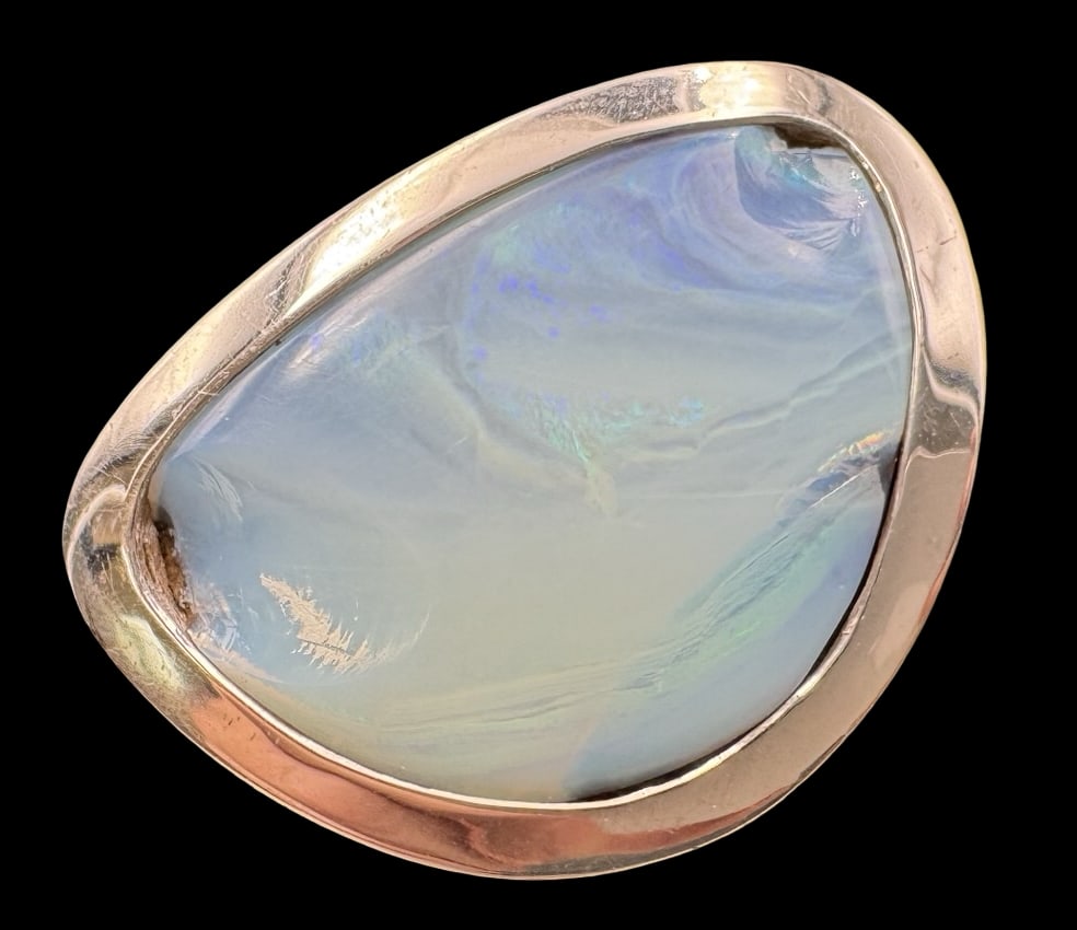 Unusual Vintage AOM Studios Germany Sterling Silver & Opal Ring: Good vintage condition with minor patina according to age; two chips to the gemstone. Measures approx. 1 3/8" long and 1" wide & weighs ca. 36.1 grams. The ring is a size 7 1/2. Marked for Sterling Si