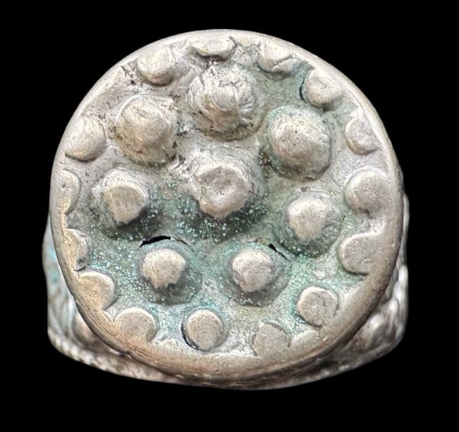 Antique Tribal 900 Silver & Tower Seal / Signet Ring: Very good antique condition with minor patina according to age. Measures approx. 5/8 in diameter and weighs ca. 12.5 grams. The ring is a size 9. Tested for a minimum of 900 Silver