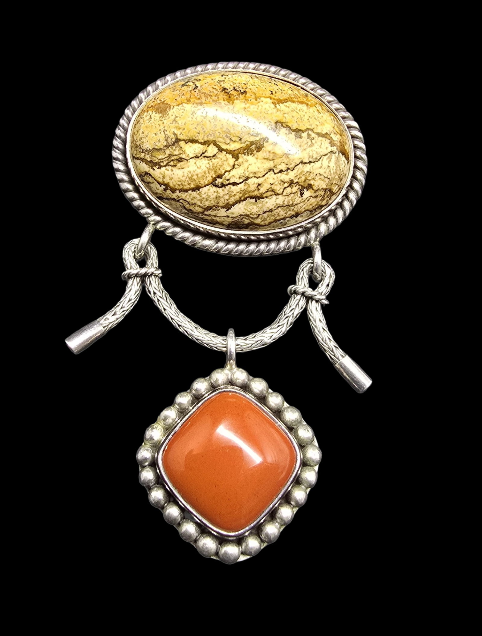 Unusual Vintage 925 Sterling Silver, Red Coral & Brown Gemstone Brooch Pin: Very good vintage condition with minor patina according to age. Measures approx. 2 1/2" long x 1 1/2" wide and weighs ca. 29.5 grams. Marked for 925 Sterling Silver.