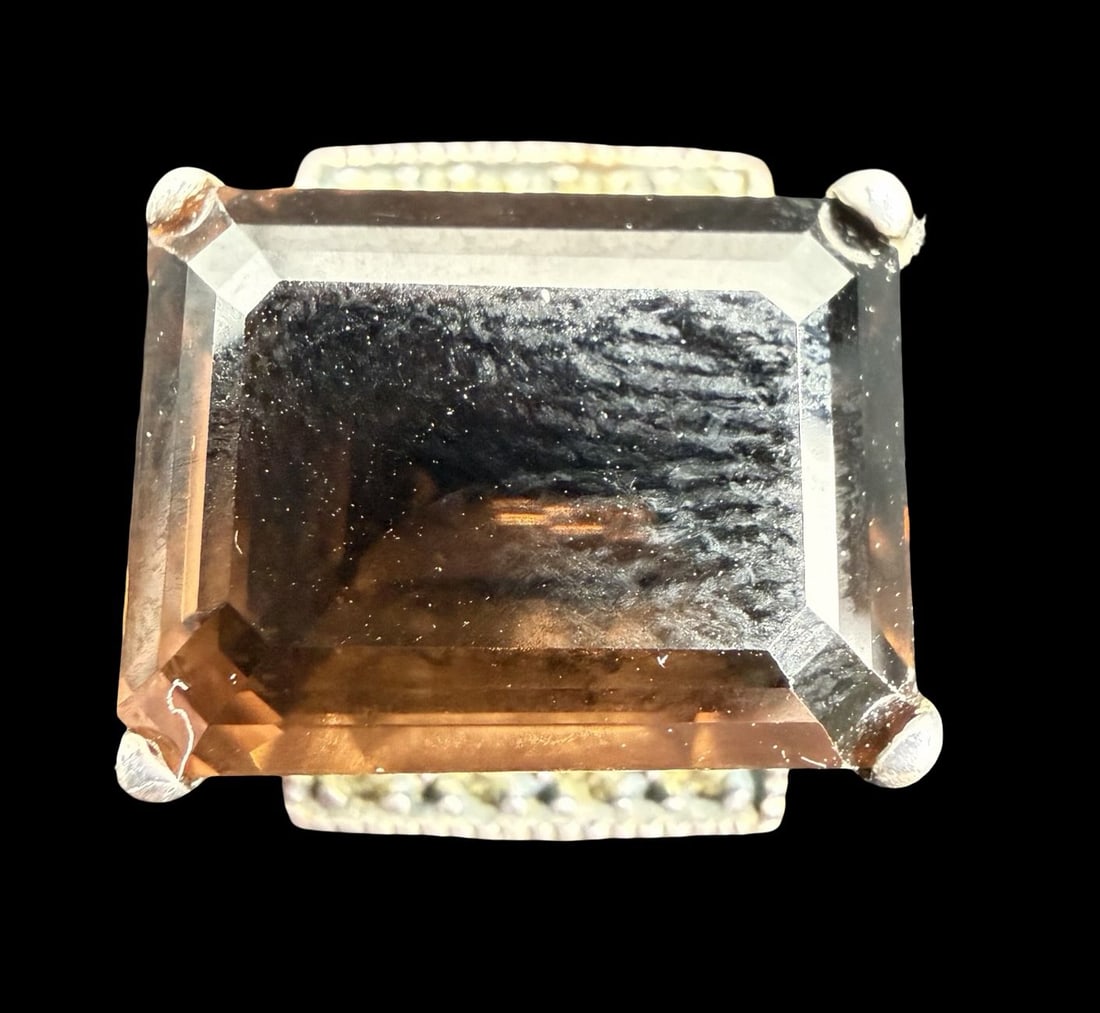 Gorgeous Vintage Sterling Silver, Marcasite & Smokey Quartz Cocktail Ring: Very good vintage condition with minor patina according to age. Measures approx. 3/4" long and 1/2" wide and weighs ca. 8 grams. The ring is a size 6 3/4". Marked for Sterling Silver.
