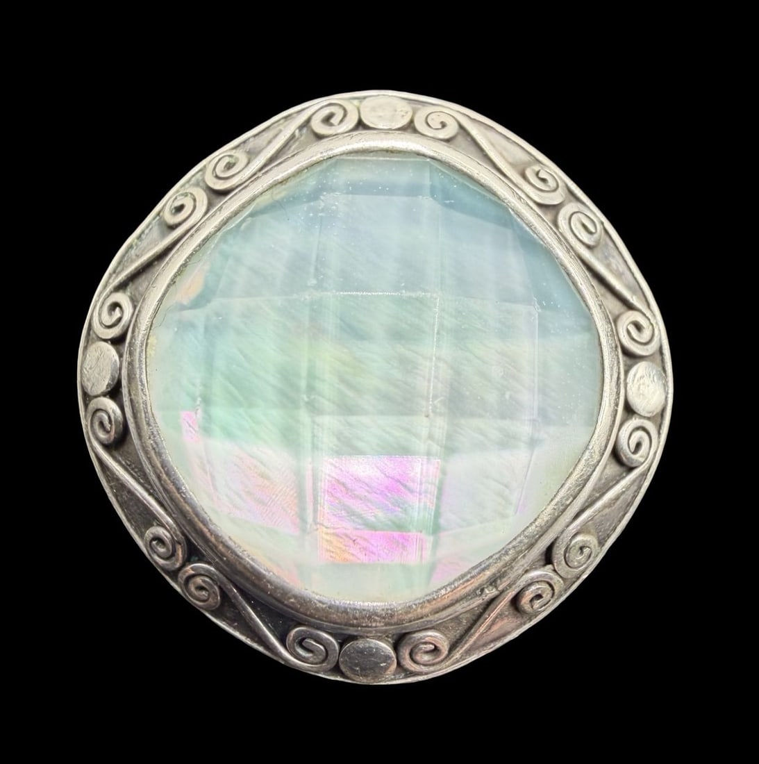 Stunning Vintage Sterling Silver & Gemstone Ring: Very good vintage condition with minor patina according to age. Measures approx. 3/4" long and 3/4" wide and weighs ca. 12.5 grams. The ring is a size 7". Marked for Sterling Silver.