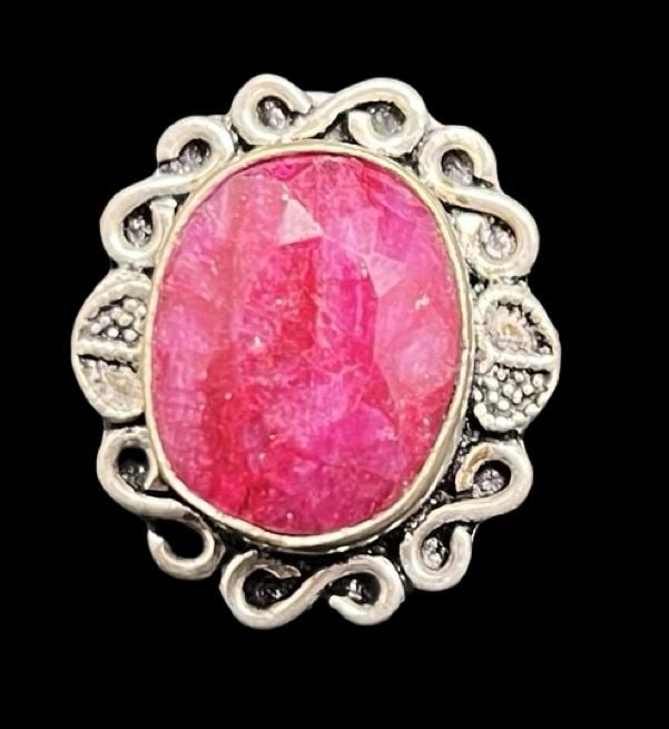 Beautiful Vintage Sterling Silver & Red Ruby Cocktail Ring: Very good vintage condition with minor patina according to age. The ring is a size 6 1/4 and weighs ca. 12.9 grams. Marked for 925 Sterling Silver.