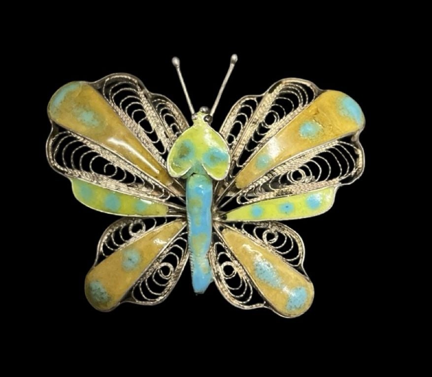 Beautiful Ornate Vintage Gilt Filigree Sterling Silver & Enamel Butterfly Brooch Pin: Very good vintage condition with minor patina according to age. Measures approx. 1 1/5" long and 1 3/4" wide and weighs ca. 7.6 grams. Marked for Sterling Silver.