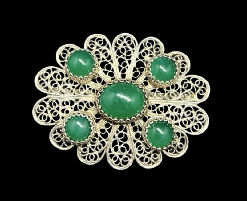 Gorgeous Ornate Vintage European 830 Filigree Silver & Green Gemstone Brooch Pin: Very good vintage condition with minor patina according to age. Measures approx. 1 1/4" long and 1 5/8" wide and weighs ca. 7.7 grams. Marked for 830 Silver.