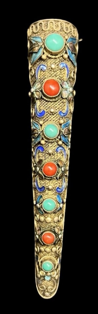Beautiful Ornate Antique Chinese Gilt Filigree Sterling Silver, Enamel & Gemstone Finger Tip Brooch: Very good antique condition with minor patina according to age. Measures approx. 3 3/8" long and 5/8" wide and weighs ca. 14 grams. Tested for silver.