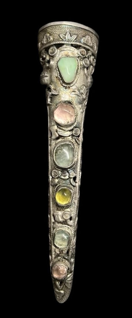 Beautiful Ornate Antique Chinese Gilt Filigree Sterling Silver, Enamel & Gemstone Finger Tip Brooch: Very good antique condition with minor patina according to age. Measures approx. 3 1/8" long and 7/8" wide and weighs ca. 12.9 grams. Tested for silver.