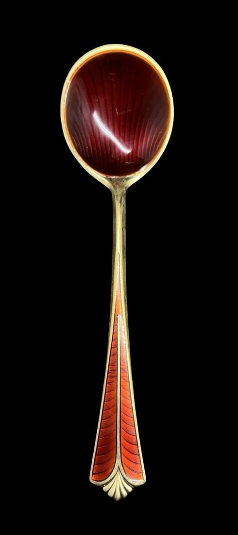 Stunning Vintage DAVID ANDERSON Norway Sterling Silver & Red Guilloche Enamel Spoon: Very good vintage condition with minor patina according to age. Measures approx. 5 1/4" long and 1 3/8" wide and weighs ca. 20 grams. Marked for 925 Sterling Silver.