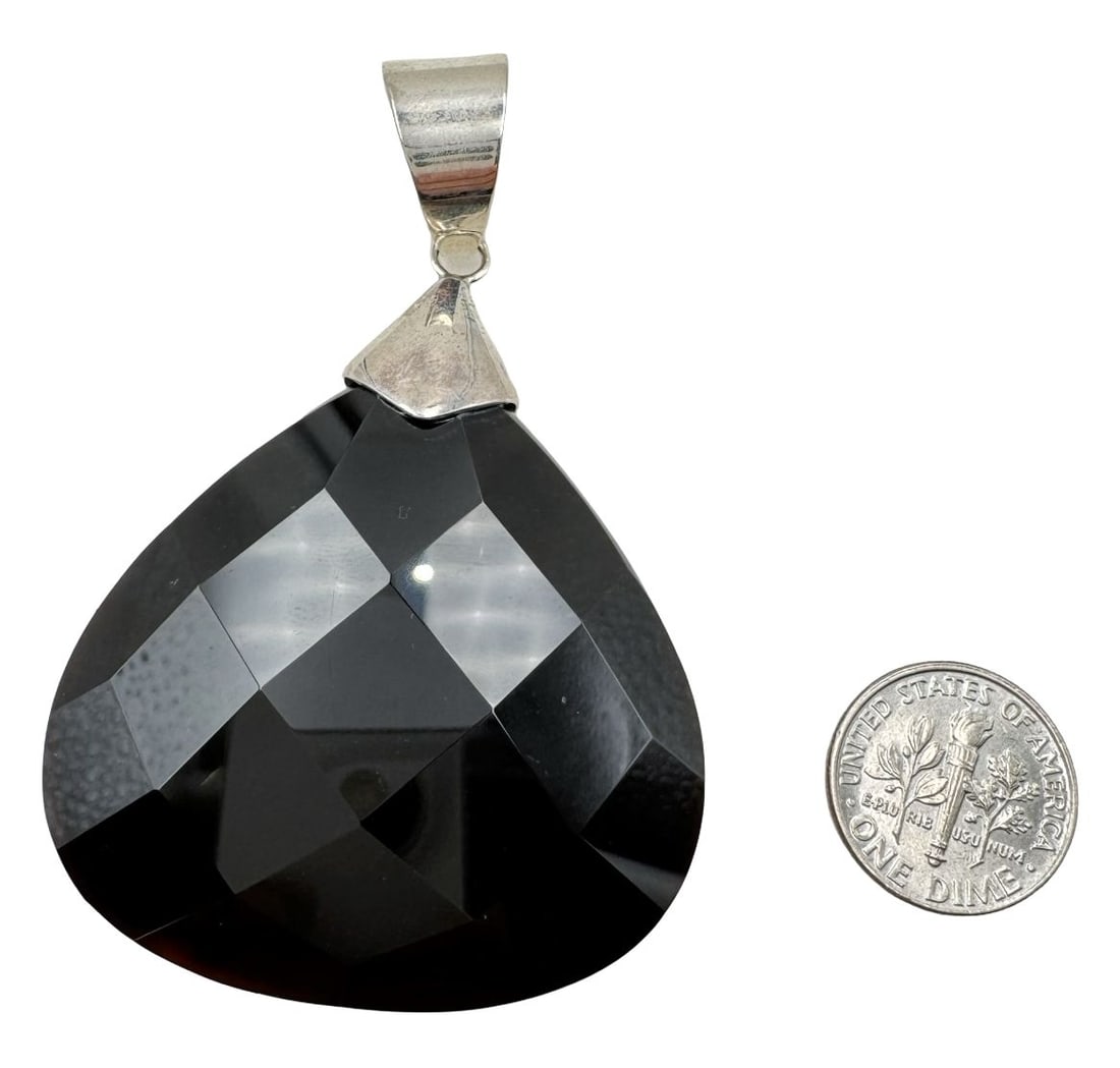 Large Vintage Sterling Silver & Black Glass Pendant: Very good vintage condition with minor patina according to age. Pendant measures approx. 2 1/2" long x 2" wide and weighs ca. 31 grams. Marked for Sterling Silver.
