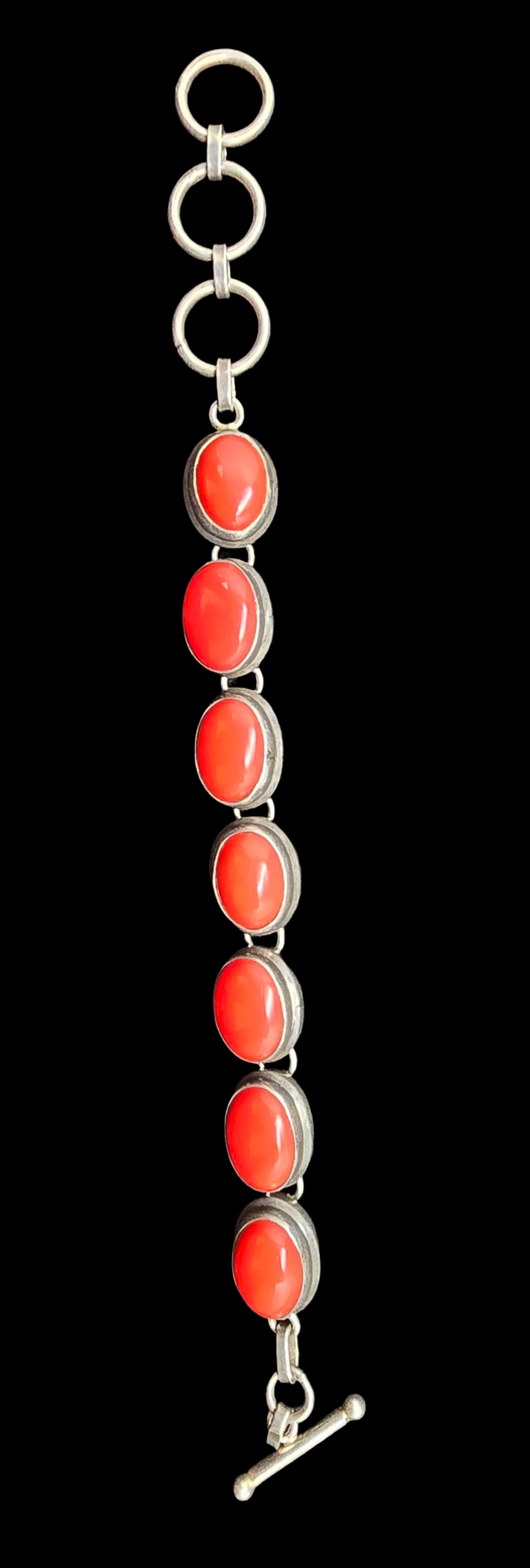 Amazing Vintage Sterling Silver & Red Gemstone Toggle Clasp Bracelet: Very good vintage condition with minor patina according to age. Measures approx. 7 1/2" long and weighs ca. 31 grams. Marked for Sterling Silver.