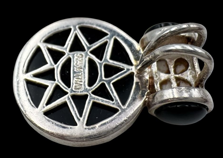 Vintage Sterling Silver, Black Onyx & Mother of Pearl Pendant Charm: Very good vintage condition with minor patina according to age. Measures approx. 1" long and 3/4" wide and weighs ca. 6.1 grams. Marked for Sterling Silver.
