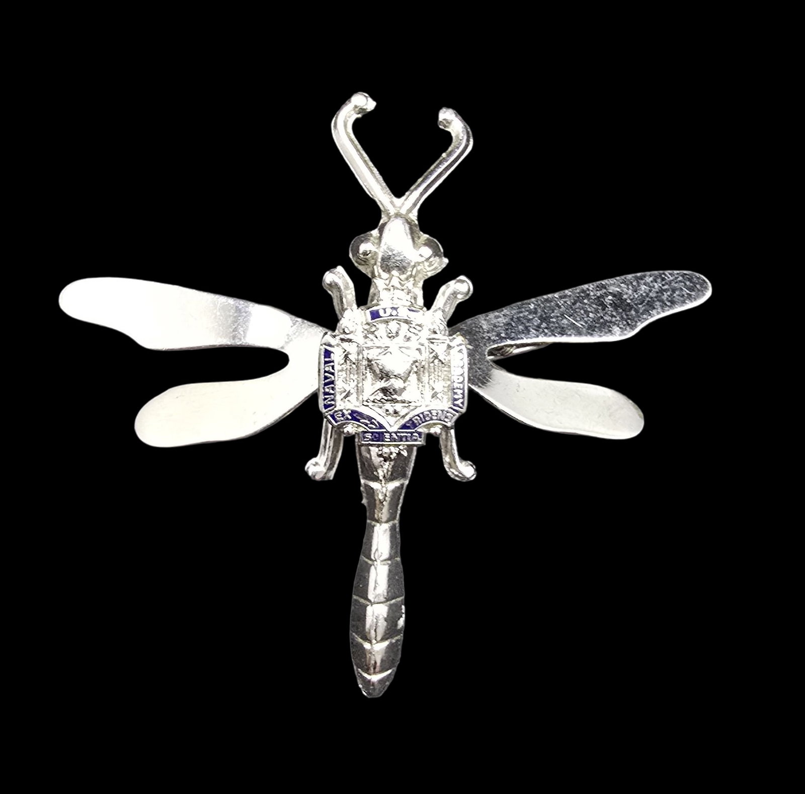 Very Rare Vintage Sterling Silver & Blue Enamel NAVAL ACADEMY Dragonfly Pin /w Spring Operated Wings: Very good vintage condition with minor patina according to age. Measures approx. 2 " long x 2" wide and weighs ca. 6 grams. Marked for Sterling Silver.