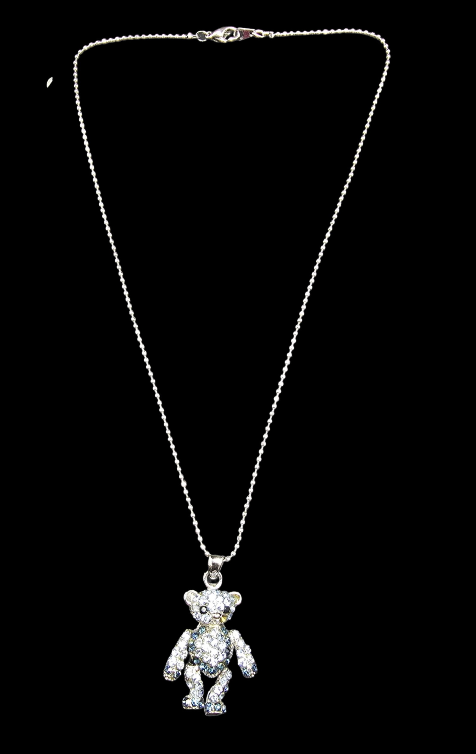 Beautiful Vintage Silver-Tone Metal & Rhinestone Bear Pendant Necklace: Very good vintage condition with minor patina according to age. Measures approx. 18" long and weighs ca. 9 grams.