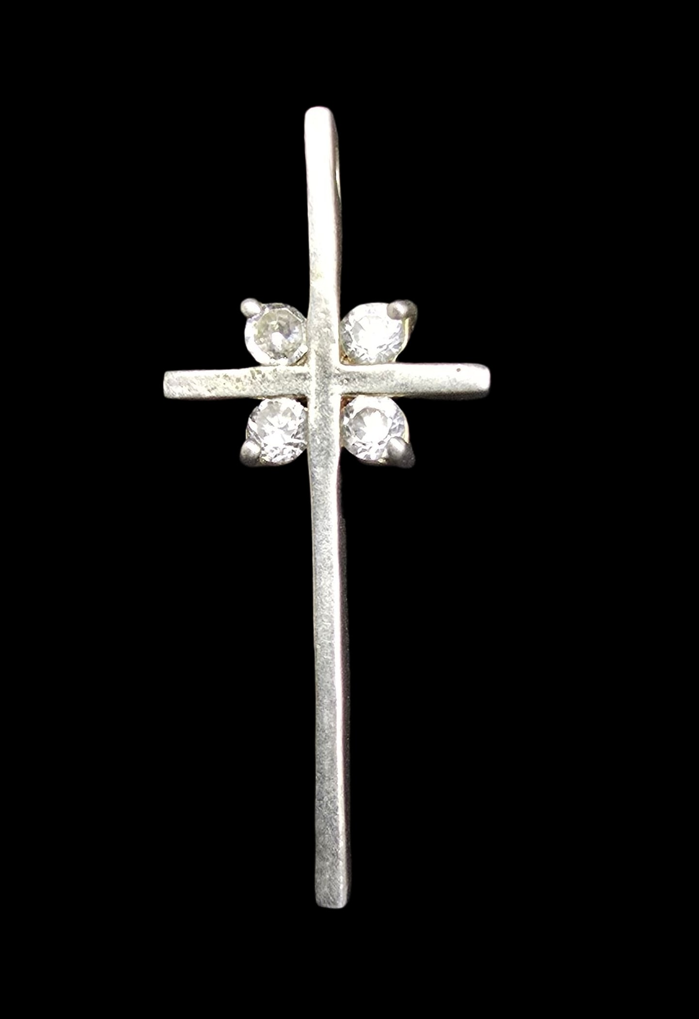 Beautiful Vintage Sterling Silver & Clear Gemstone Religious Cross Pendant: Very good vintage condition with minor patina according to age. Measures approx. 1 1/2" long x 1/2" wide and weighs ca. 3.5 grams. Marked for Sterling Silver.