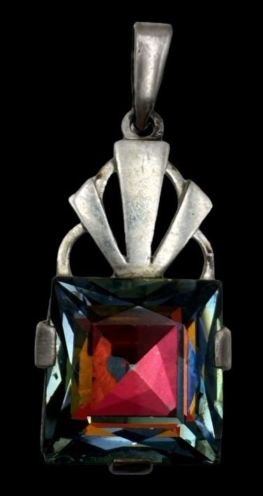 Antique Retro European 835 Silver & Multicolor Glass Stone Pendant: Very good antique condition with minor patina according to age. Measures approx. 1 1/2" long x 1/2" wide and weighs ca. 5.6 grams. Marked for 835 Silver.