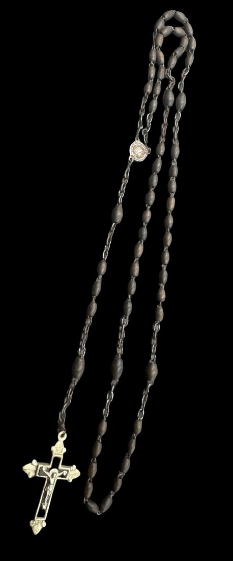 Vintage European Wood Beads Rosary /w Metal Crucifix: Very good vintage condition with minor patina according to age. Measures approx. 22 1/2" long and 1 1/8" wide.