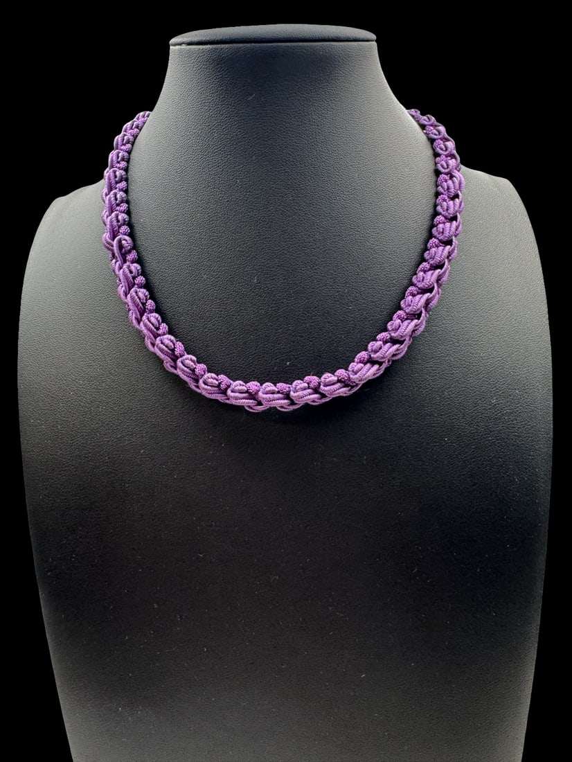 Stylish Vintage Purple Fabric Necklace /w Sterling Silver Clasp: Very good antique condition with minor patina according to age. Measures approx. 16" long and 3/8" wide and weighs ca. 11.5 grams. Marked for Sterling Silver.