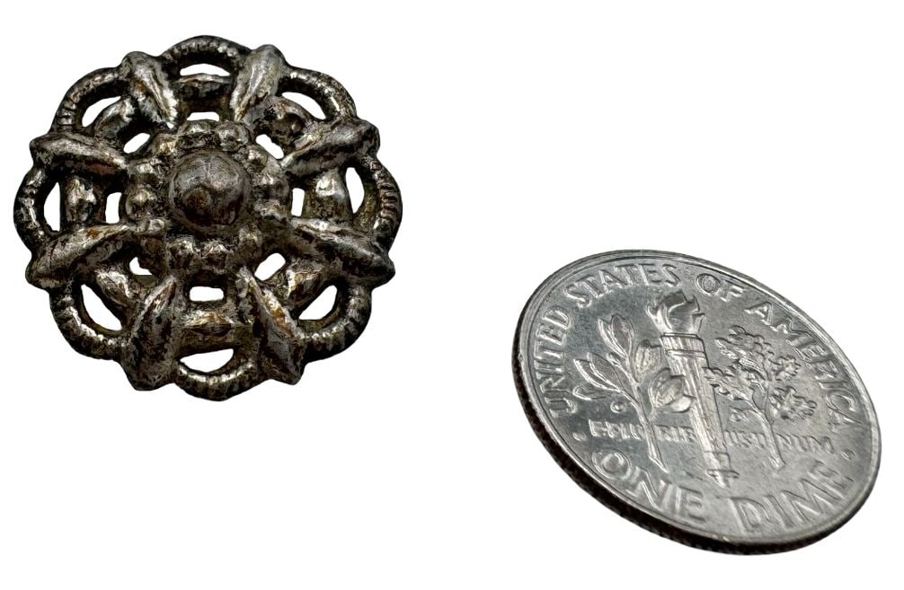 Antique Alpine Austrian European 800 Silver Button: Good antique condition with patina and wear according to age. Each measures approx. 7/8" in diameter and they jointly weigh ca. 1.8 grams.