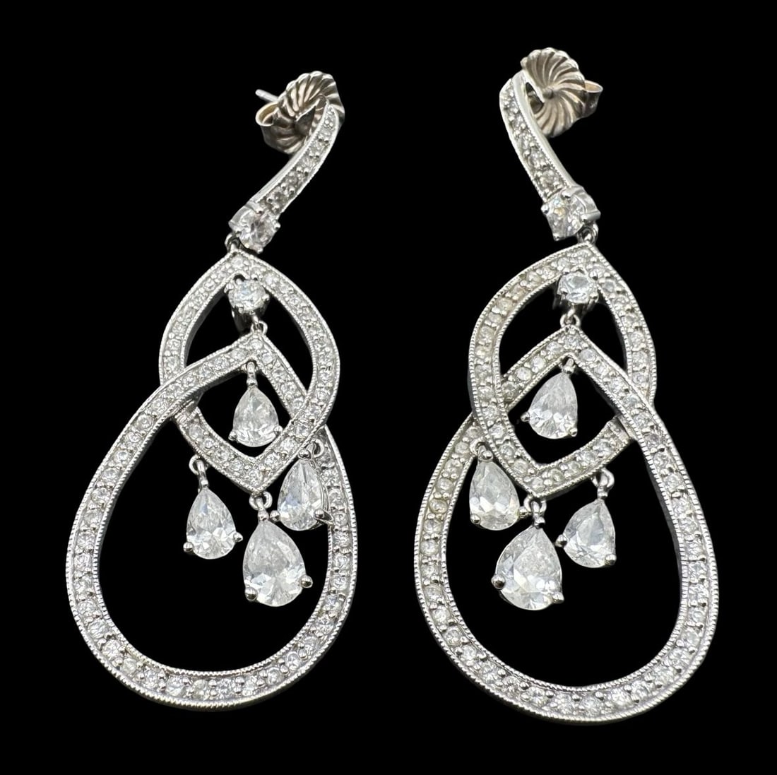 Gorgeous Vintage 925 Sterling Silver & Cubic Zirconia Douple Teardrop Chandelier Earrings: Very good vintage condition with minor patina according to age. Measures approx. 2 1/2" long x 1" wide and weighs ca. 16.1 grams. Marked for 925 Sterling Silver.