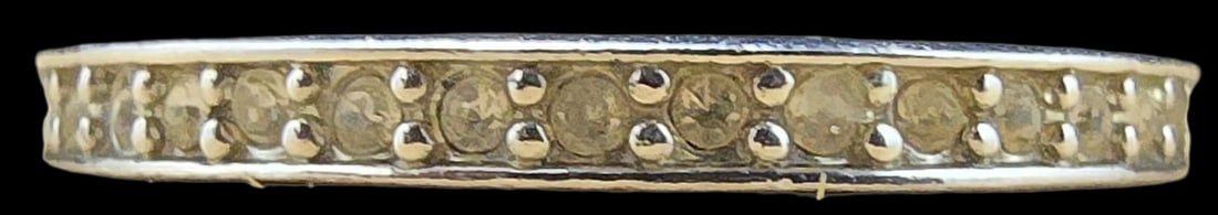 Beautiful Vintage Silver-Tone Metal & Clear Rhinestone Eternity Band Ring: Very good vintage condition with minor patina according to age. The ring is a size 7.5 and weighs ca. 2.5 grams.