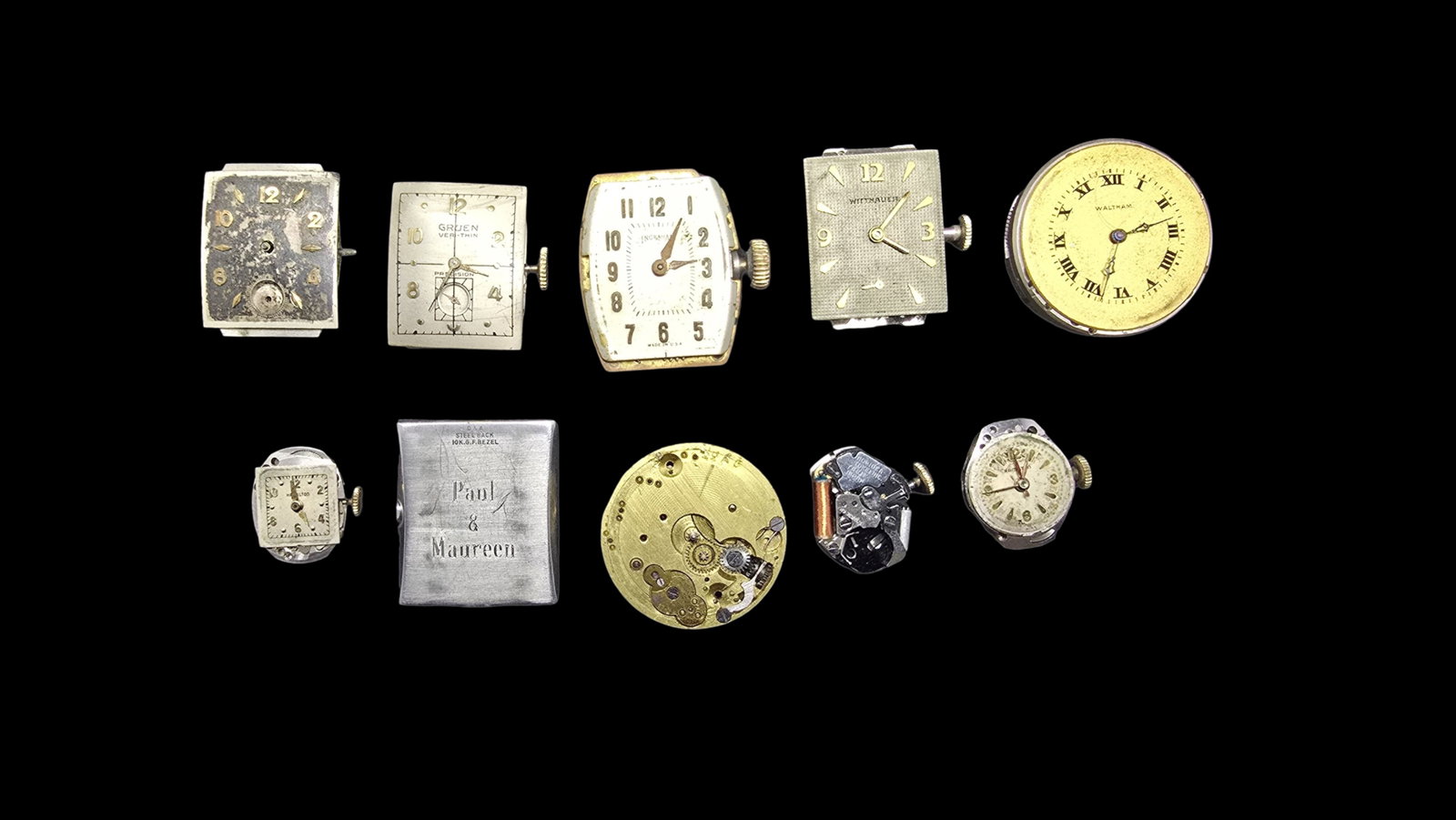 Amazing Lot of 10 Watch Movements: Very good vintage condition with minor patina according to age. Measures approx. 11" high and 1" wide and weights ca. 80 grams.