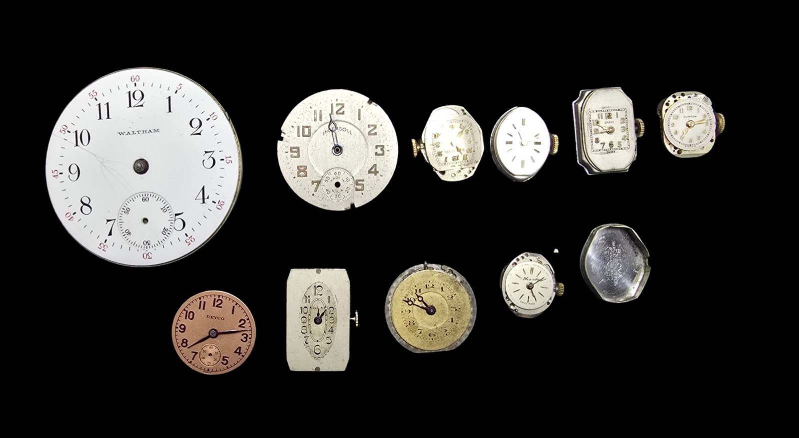 Lot of 10 Watch Movements & Watch Parts: Very good vintage condition with minor patina according to age. The largest piece measures approx. 2" high and 2" wide and the entire lot weighs ca. 105 grams.