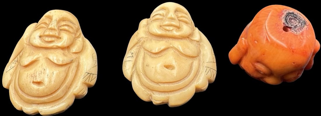 Jewelry Making Lot: 3 Hand Carved Buddha Figurine Beads: Very good condition with minor patina according to age. Each measures approx. 1 3/8" long and 1 1/8" wide.