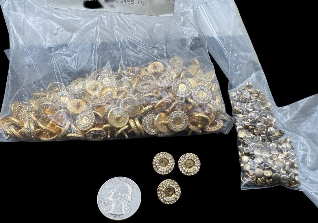 Jewelry Making Lot: Gold Metal Rivets & Clear Rhinestone: Very good condition with minor patina according to age. For measurement reference please see coin in the picture.