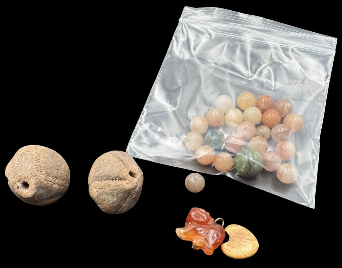 Jewelry Making Lot: Natural Stone & Clay Beads: Very good condition with minor patina according to age. The largest piece measures approx. 1" long and 1" wide.