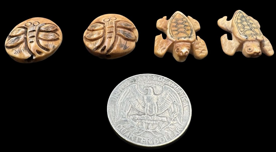 Jewelry Making Lot: 4 Hand Carved Animal Figurine Beads: Very good condition with minor patina according to age. Turtle measures approx. 7/8" long and 5/8" wide.