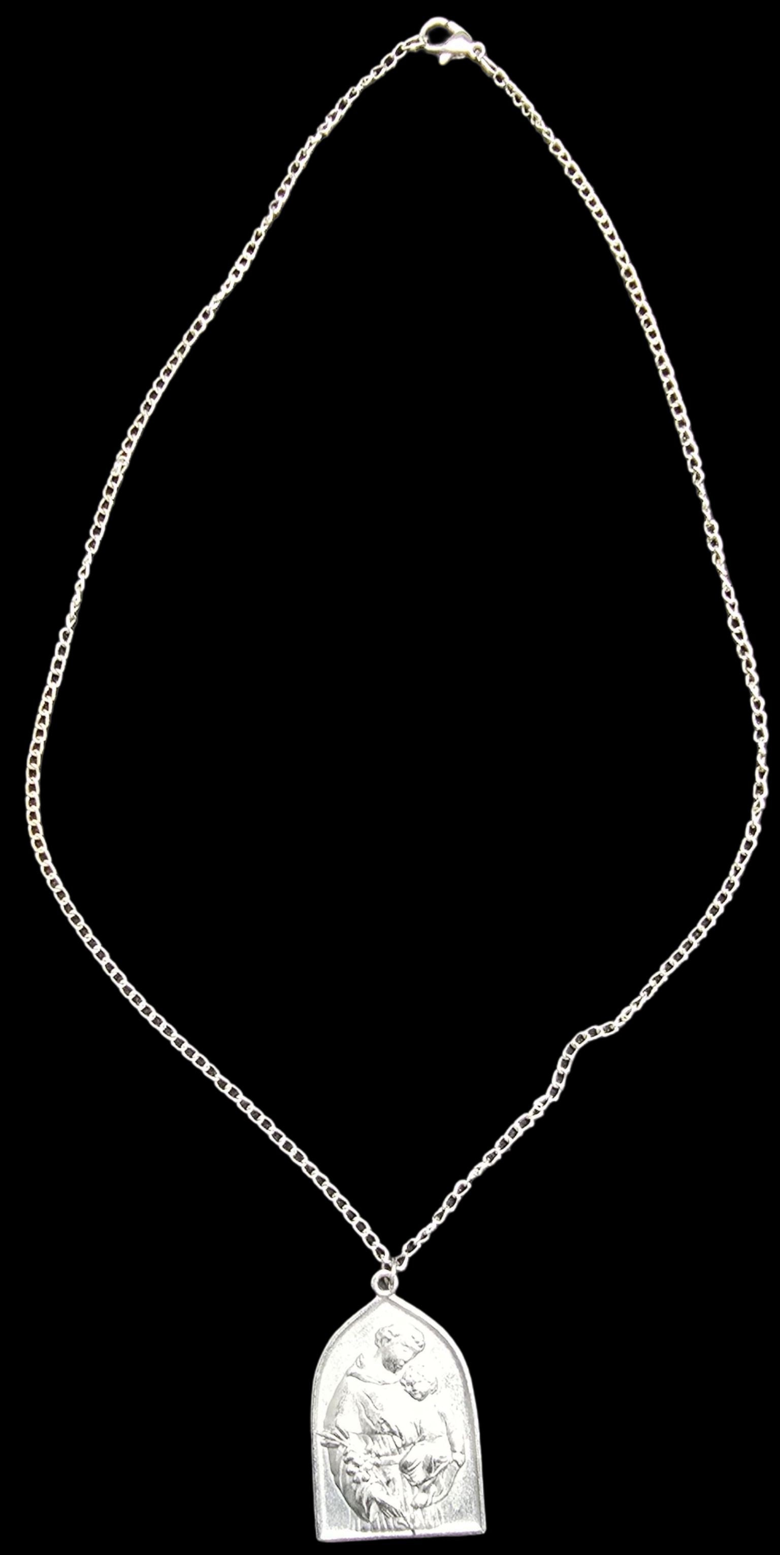 Vintage Silver-Tone Metal Costume Jewelry Religious Pendant Necklace: Very good vintage condition with minor patina according to age. Measures approx. 12" long and 1" wide and weighs ca. 9.5 grams.