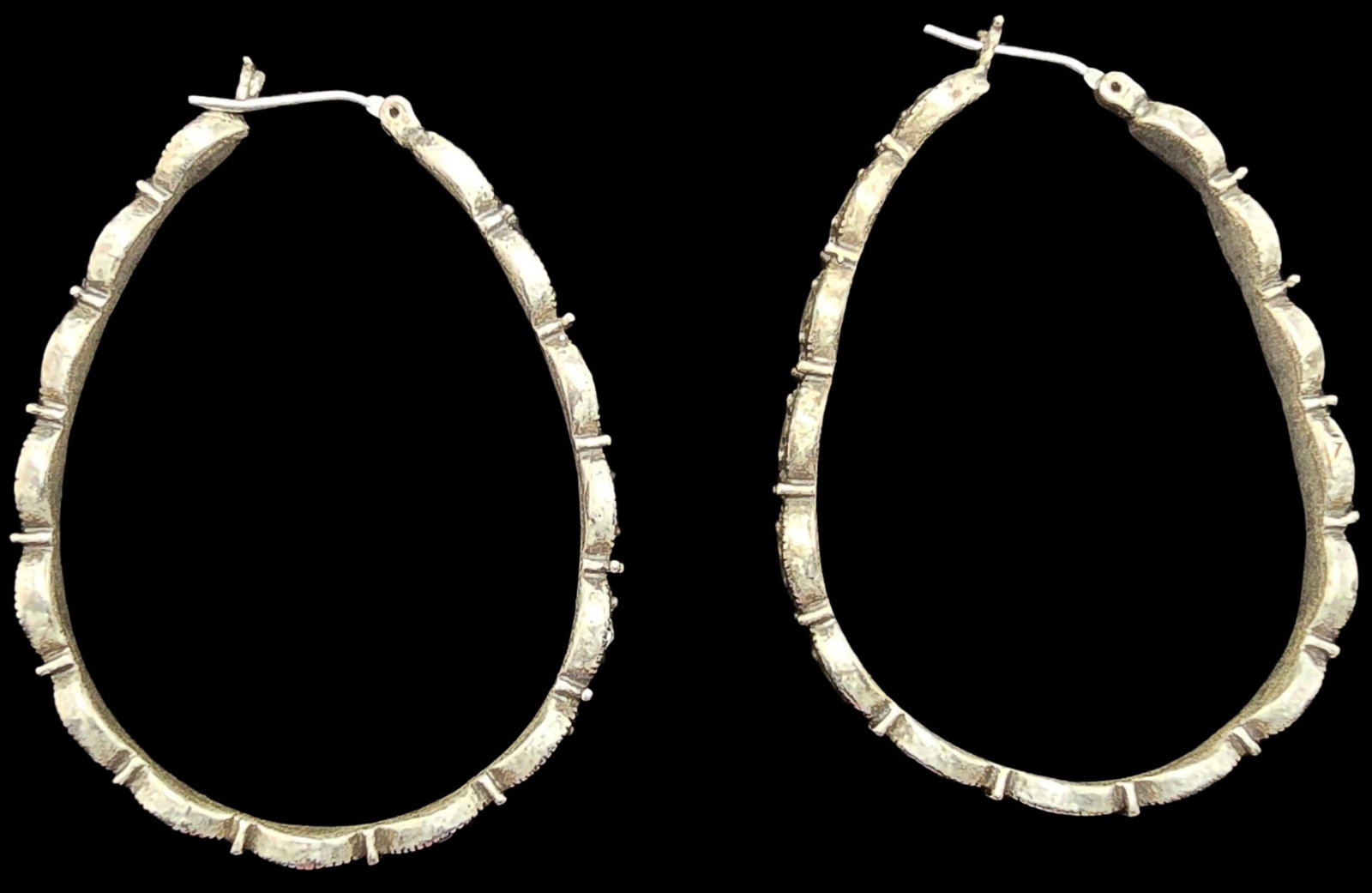 Gorgeous Large Vintage Silver-Tone Metal & Rhinestone Costume Jewelery Hoop Earrings: Very good vintage condition with minor patina according to age. Each measures approx. 2" long and they jointly weigh ca. 10 grams.