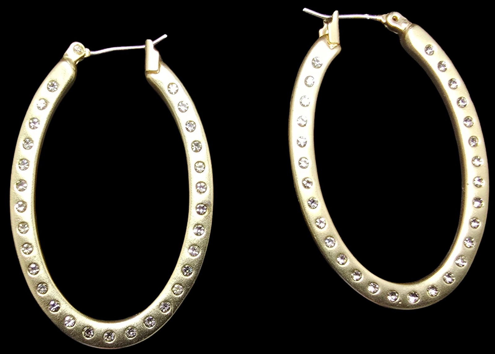 Gorgeous Large Vintage Gold-Tone Metal & Rhinestone Costume Jewelery Hoop Earrings: Very good vintage condition with minor patina according to age. Each measures approx. 1 1/2" long and they jointly weigh ca. 8 grams.