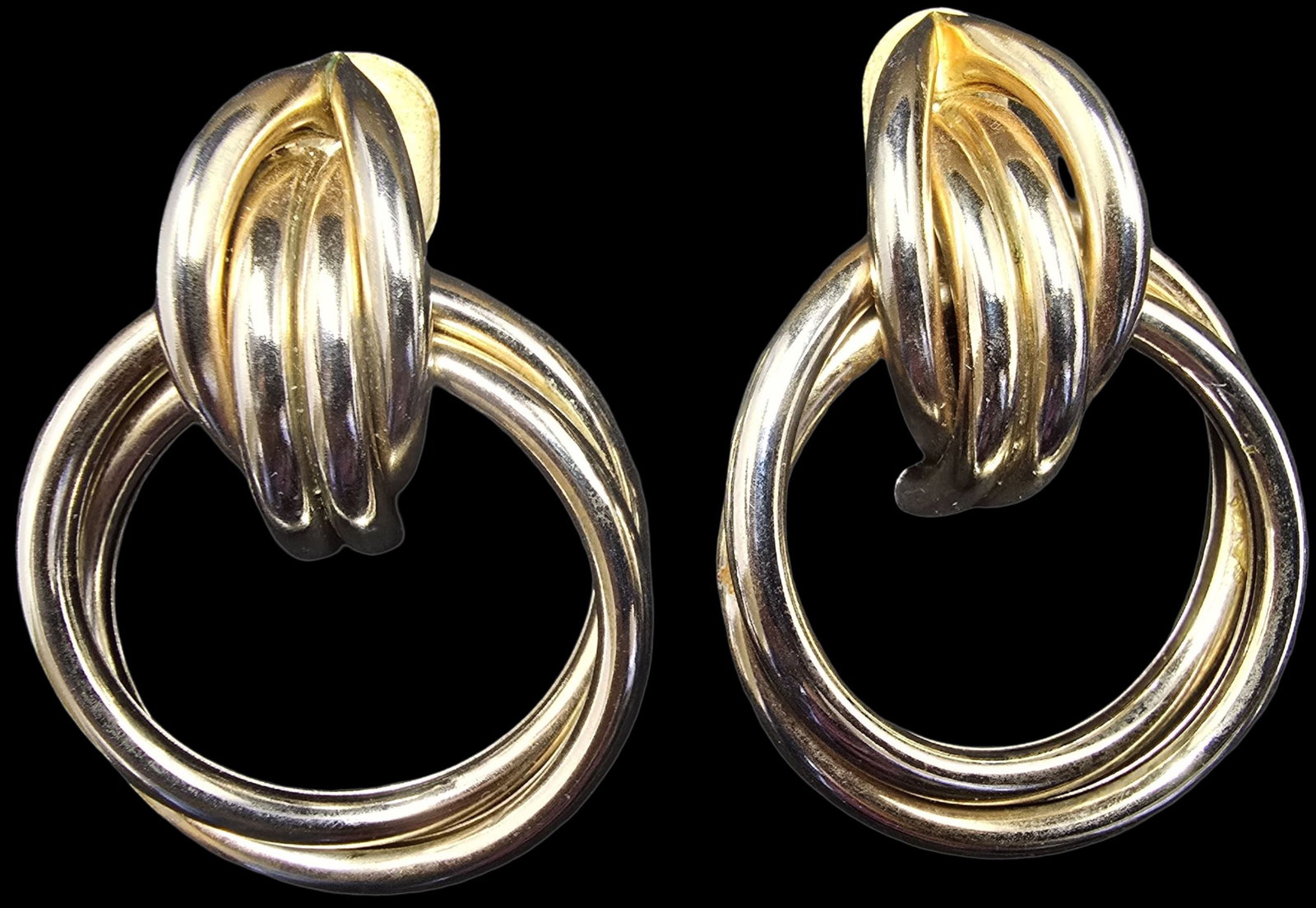 Stylish Large Vintage Gold-Tone Metal Costume Jewelry Earrings: Very good vintage condition with minor patina according to age. Each measures approx. 3 long x 2" wide and they jointly weigh ca. 16.5 grams.
