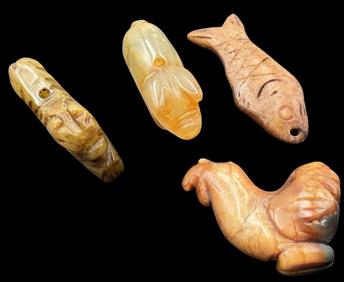 Jewelry Making Lot: 4 Hand Carved Animal Figurine Beads: Very good condition with minor patina according to age. Fish measures approx. 2 1/4" long and 7/8" wide.