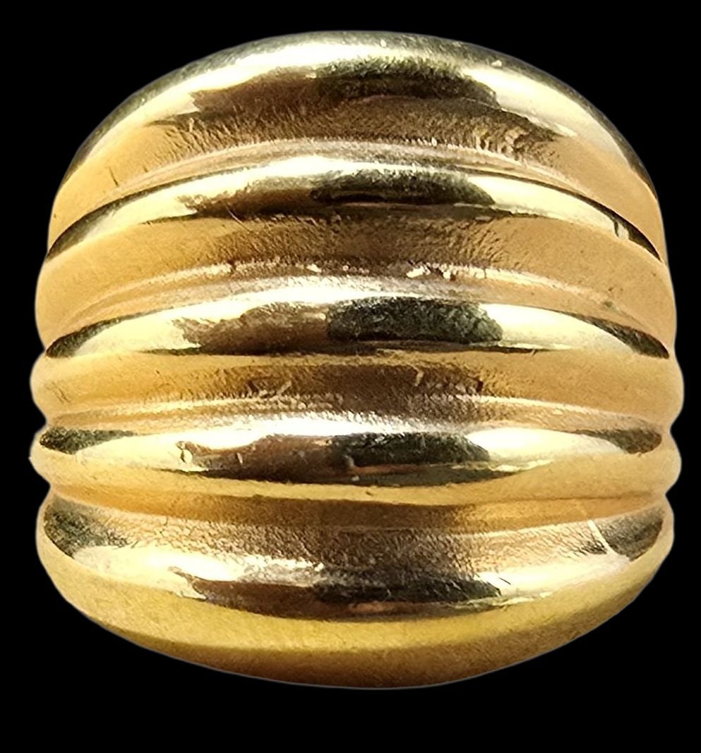 Massive Vintage Gold Plated Cocktail Ring: Very good vintage condition with minor patina according to age. The ring is a size 5 and weighs ca. 9 grams.
