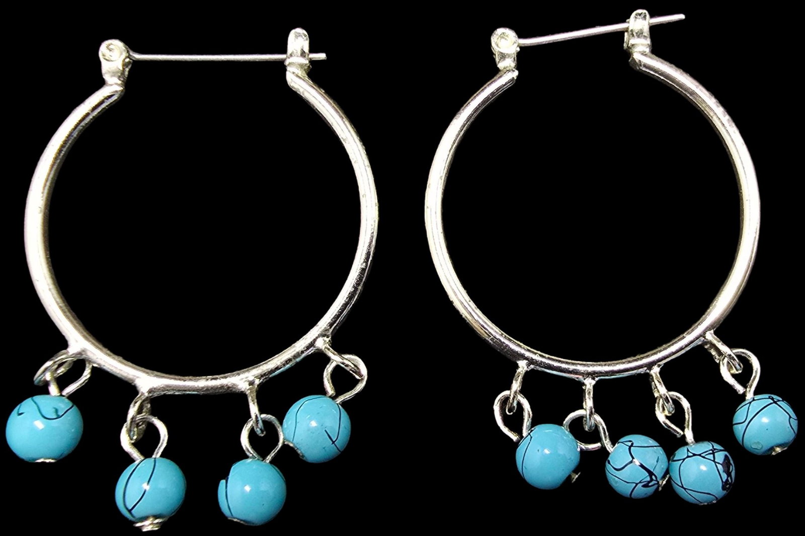 Beautiful Vintage Silver-Tone Earrings /w Blue Gemstone Ball Pendants: Very good vintage condition with minor patina according to age. Each measures approx. 1" wide.