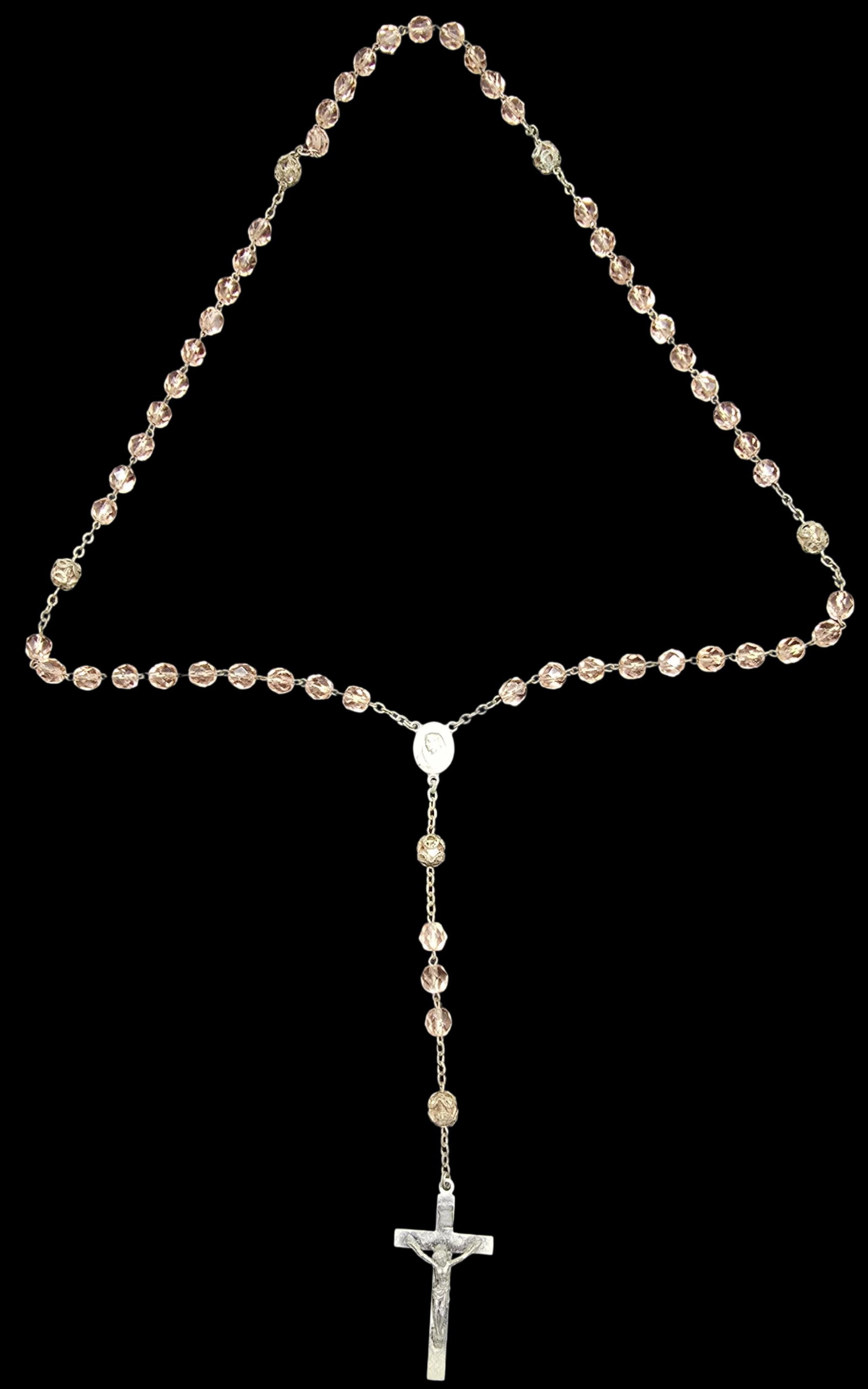 Gorgeous Ornate Vintage Italian Silver-Tone Metal & Glass Bead Catholic Rosary: Very good vintage condition with minor patina according to age. Measures approx. 18" long and weighs ca. 25 grams.