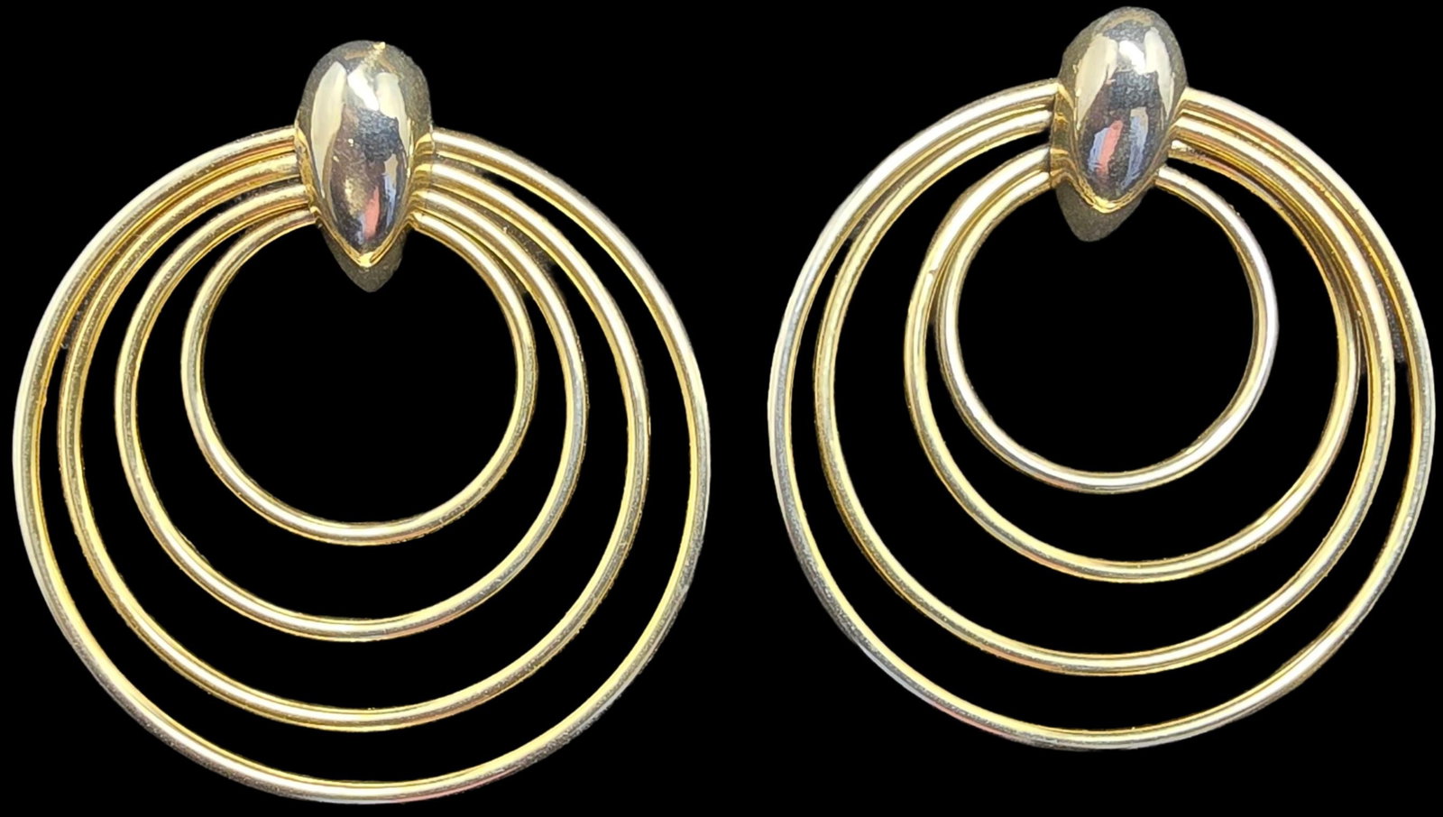 Gorgeous Vintage Gold-Tone Metal Costume Jewelry Earrings: Very good vintage condition with minor patina according to age. Each measures approx. 2" long x 1 1/2" wide and they jointly weigh ca. 16 grams.