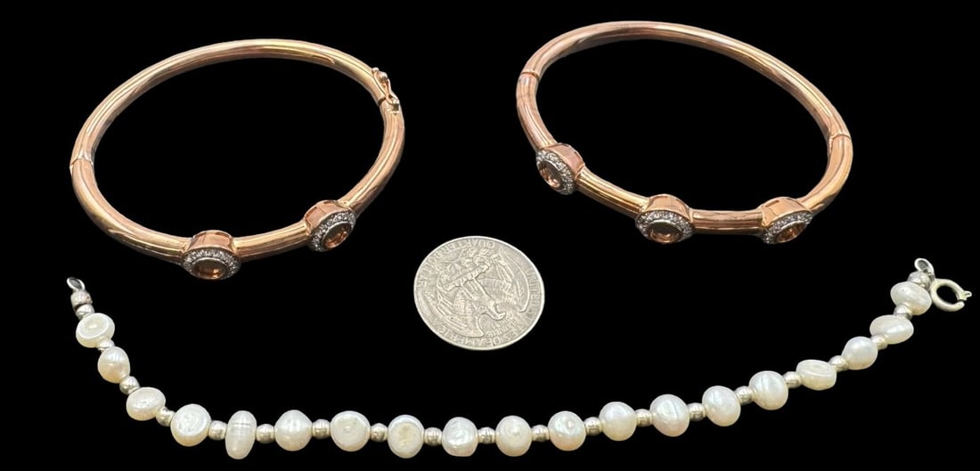 Costume Jewelry Gold Metal Bracelets /w Clear Rhinestones & One Pearl Bracelet: Very good condition with minor patina according to age. For measurement reference please see coin in the picture.